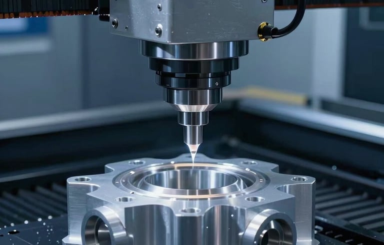 A high-performance 5-axis CNC milling machine head working on a complex aluminum aerospace component. Dark blue-grey environment with bright highlights on the metal. European engineering excellence style, showing precision movements and modern manufacturing technology.