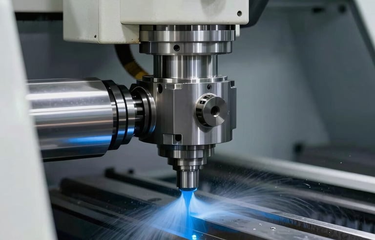 A professional close-up of a CNC lathe machine in action, machining a precision steel component. Coolant fluid in bright blue is spraying onto the metal, creating a high-tech atmosphere. European industrial setting, sharp focus, clean and modern factory environment with off-white and dark blue-grey tones.