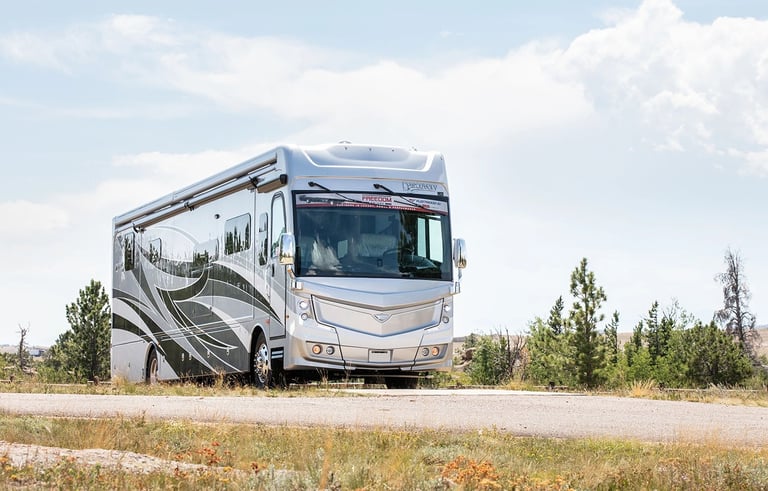 A silver Fleetwood Discovery luxury motorhome parked on a scenic road with pine trees under a blue sky.