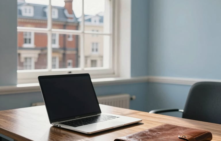 A clean, bright professional office interior in Bristol, UK. A mahogany desk holds a silver laptop and a leather-bound financial ledger. Soft morning sunlight streams through a large window overlooking Victorian brick architecture. The color palette features light blue and off-white tones, creating a sense of clarity and professionalism. High-quality photography, sharp focus.