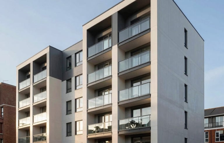 A sharp, wide-angle photograph of a modern residential development in a British suburban area. The buildings feature clean lines and contemporary glass balconies. The sky is a clear pale blue, reflecting a bright, optimistic morning. Professional architectural photography style, evoking property investment success and stability.