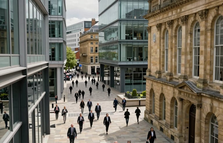 A high-angle view of a bustling commercial district in a UK city like Bristol. Modern steel and glass office buildings contrast with historical stone structures. People in professional business attire walk through a clean, landscaped plaza. The lighting is crisp and natural, highlighting a sophisticated corporate atmosphere.