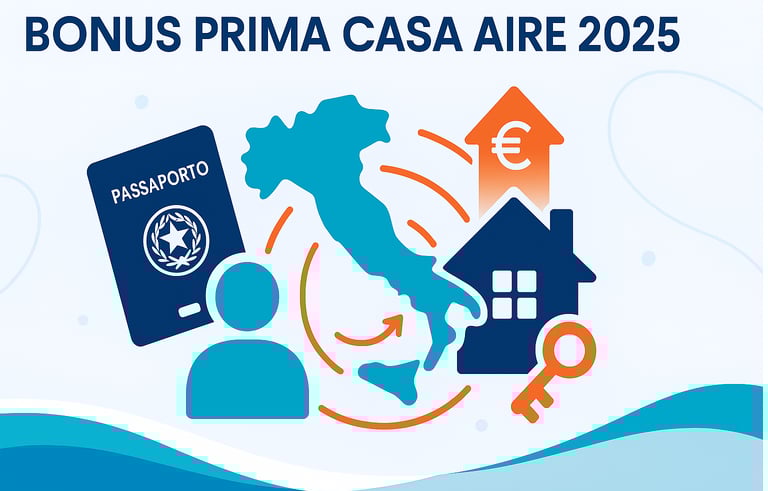 Illustrazione di CAF Public che rappresenta il Bonus Prima Casa AIRE 2025, con una casa e un passaporto stilizzati