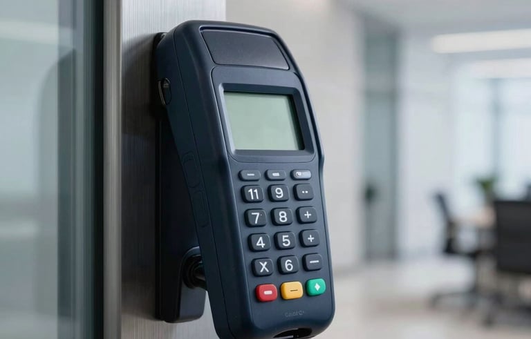 A professional macro photograph of a sleek, dark navy biometric card reader mounted on a brushed steel door frame. The background is a blurred, high-end minimalist office corridor in an International / Global setting, lit with soft cool white light to emphasize modern technology.
