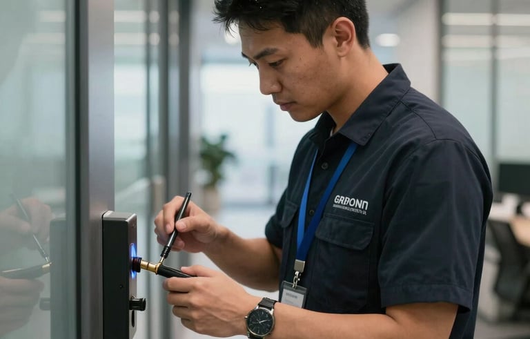 A medium-shot photograph of a professional technician in a clean, branded dark navy uniform inspecting an electronic door mechanism with specialized tools. The scene is a polished, modern corporate office hallway in an International / Global business district, during daytime hours.