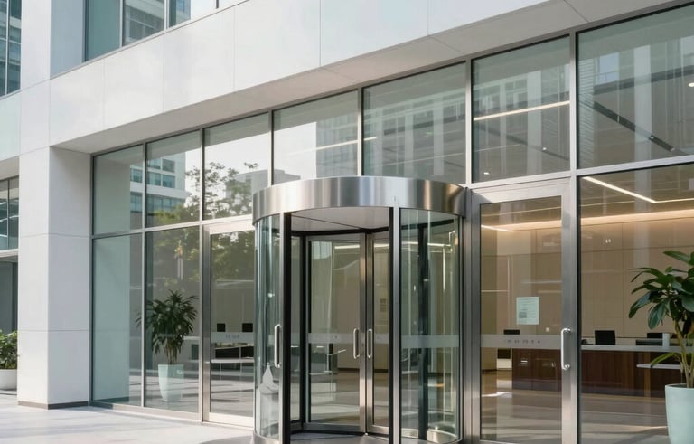 A wide-angle professional photograph of a contemporary corporate lobby featuring high-end glass and steel revolving doors. The lighting is bright and natural, reflecting an atmosphere of modern efficiency. The setting is a prestigious office building in an International / Global metropolitan center, with minimalist architectural details in white and pale blue tones.