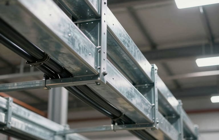 A perspective shot of heavy-duty galvanized steel cable tray systems installed along a warehouse ceiling. The trays are neatly holding thick industrial cables, conveying strength and organization in a modern North American / Industrial facility.