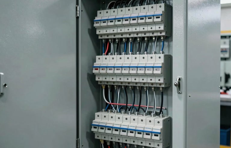 A detailed photograph of a large, industrial electrical control panel with its door open, revealing complex, neatly organized wiring, breakers, and technical components. Industrial North American / Industrial setting with sharp technical lighting and steel gray finishes.