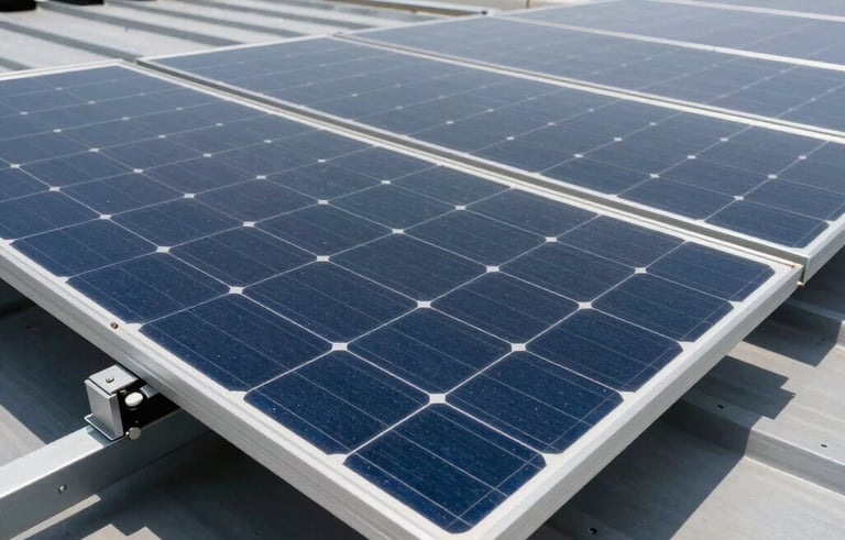 A close-up photograph of high-efficiency industrial solar panels featuring sleek silicon cells and metallic frames. The shot is taken in bright daylight on a modern factory roof in a North American / Industrial setting, showcasing precision manufacturing with electric blue and steel gray tones.