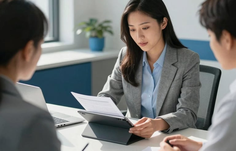 A professional North American mortgage consultation in a bright, sunlit office. A consultant is reviewing digital documents on a tablet with clients. The atmosphere is supportive and expert. Interior features clean lines, muted blue accents, and sophisticated light blue-grey tones.