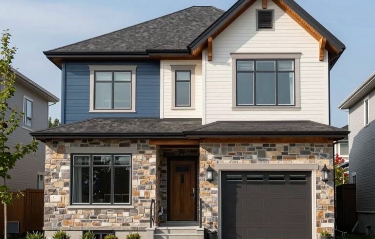 A sharp, high-end photography shot of a modern Canadian suburban house exterior. The architecture is sophisticated with natural stone and wood. Bright daylight, clear sky, professional composition. Colors include slate blue and off-white.