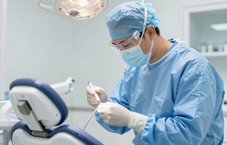 A professional North American / US healthcare facility interior shot where a specialist in protective medical attire is sanitizing a dental examination chair. The scene is bright and clinical, using a color palette of white and light blue to emphasize sanitation and high safety standards in a modern medical office.