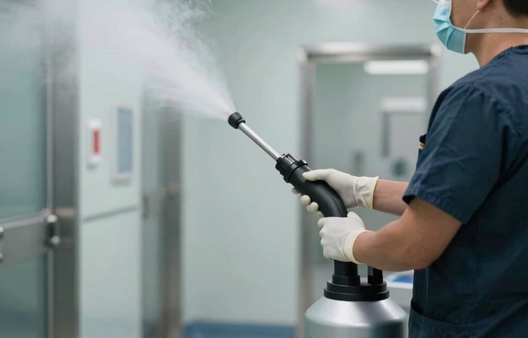 A detailed action photograph of a disinfection process in a North American / US surgical facility. A professional uses a high-grade sanitizing fogging machine in a sterile corridor. The lighting is crisp, and the composition focuses on the medical-grade equipment and the thoroughness of the cleaning procedure.