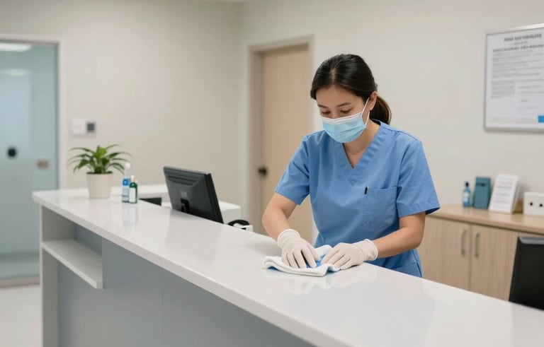A wide-angle photography shot of a bright North American / US medical clinic reception area in Brooklyn. A professional cleaner wearing a light blue uniform and protective gloves is carefully wiping down a high-touch counter surface. The environment is impeccably clean, featuring soft gray and white tones that reflect medical-grade hygiene standards.