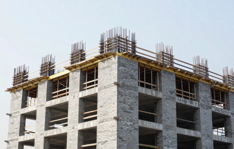 A wide angle shot of a modern South Asian construction site with clean masonry and precision scaffolding. The sky is bright, and the building structure shows high quality brickwork in a silver and blue grey tone.