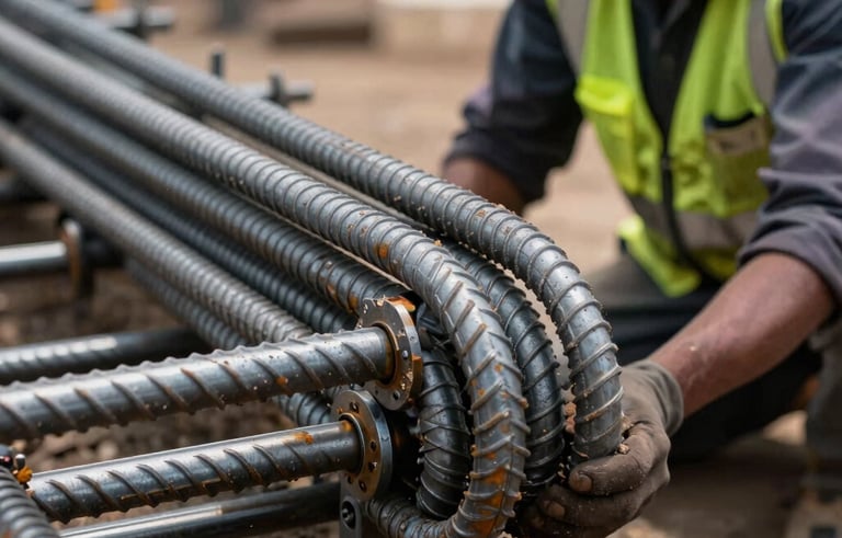 A macro photograph of steel rods being precisely bent and fitted for a foundation. A South Asian worker is visible in professional safety gear. Lighting is sharp and industrial.