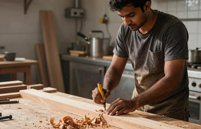 A composite shot of professional carpentry work with wood shavings and a clean industrial kitchen setting in a South Asian context. Warm lighting highlighting craftsmanship.