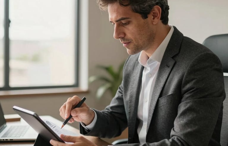 A professional South American career coach in a modern office in Brazil, using a tablet to review a resume, warm natural morning light, professional attire, clean and empathetic atmosphere.