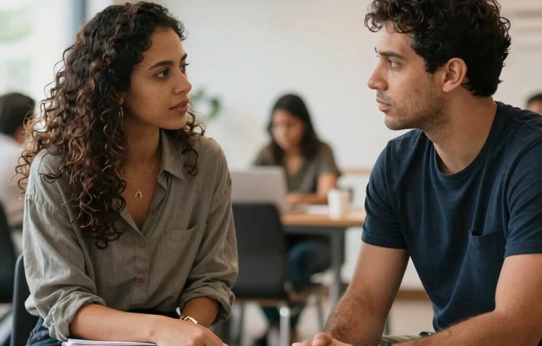 A one-on-one professional mentorship session in a bright, modern Brazilian co-working space, two individuals in discussion, empathetic and forward-thinking atmosphere.