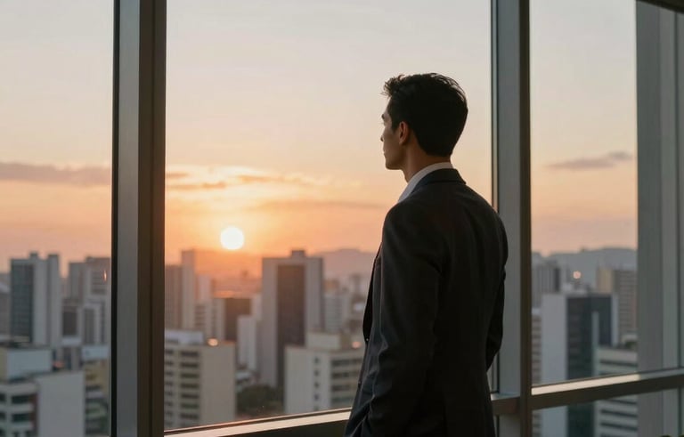 A confident professional looking at a sunset city skyline through a large window in a high-rise office in São Paulo, symbolizing career success and new future opportunities.