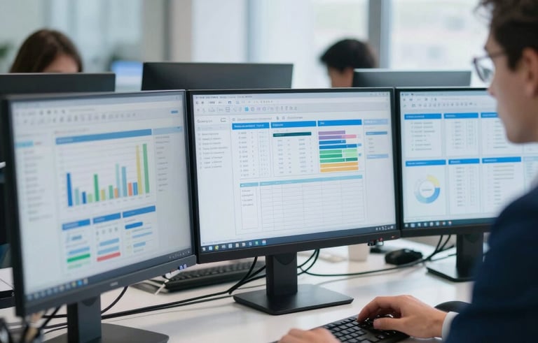 A professional business setting in a Central European / Slovak office with a desk featuring high-end computer monitors displaying clean data analytics. The lighting is bright and natural, reflecting a mood of innovation and stability. The color palette incorporates shades of sky blue and dark navy blue.