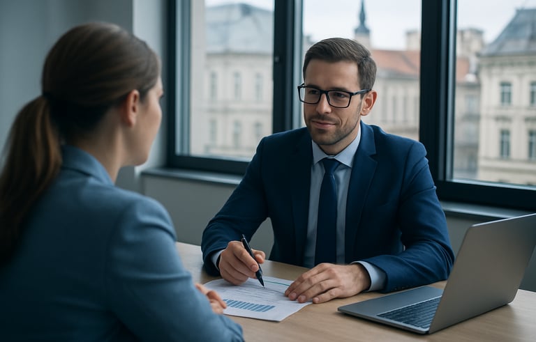A professional business consultation taking place in a bright office in a Central European / Slovak city. A financial advisor is discussing strategy with a client, exuding confidence and reliability. The scene uses navy blue and soft blue tones.