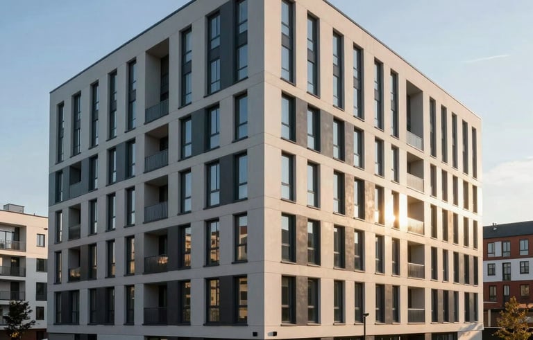 A clean, modern architectural view of a contemporary Central European residential building or research facility, symbolizing stability and growth. The style is professional and elegant, captured in soft daylight with steel blue and golden tan highlights.