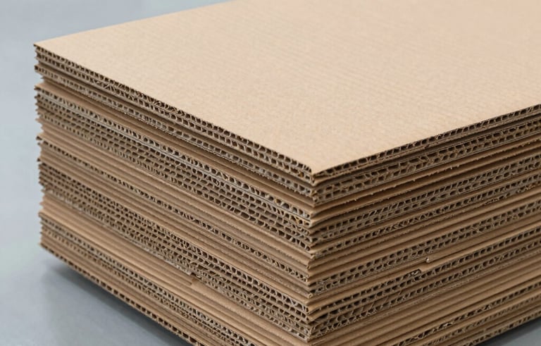 A close-up photograph of high-quality brown corrugated cardboard sheets stacked neatly in a modern industrial factory in Kuwait. The lighting is bright and clean, emphasizing the structural ridges of the cardboard against a professional white and slate blue background.