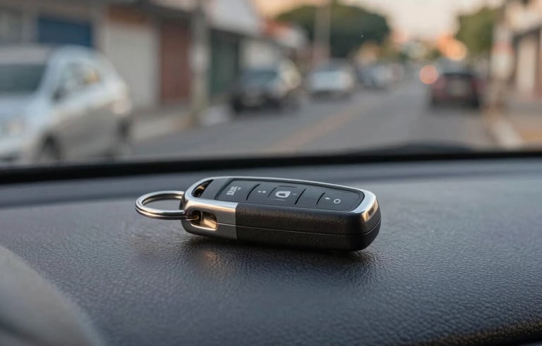 Photography of a modern car key fob resting on a dark leather dashboard of a vehicle parked on a South American / Brazilian street. Soft afternoon sunlight, shallow depth of field with suburban Guarulhos buildings blurred in the background.