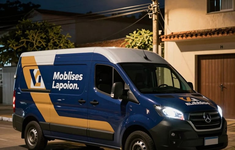 Photography of a mobile locksmith service van with professional deep blue and amber branding parked at night under a street lamp in a South American / Brazilian residential neighborhood. Atmospheric lighting, sense of reliability.