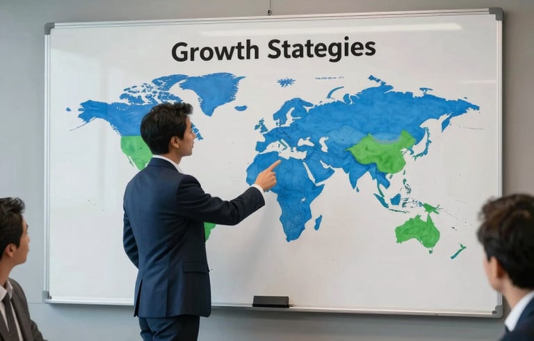 A sophisticated meeting room in a New York skyscraper, a professional marketing strategist pointing at a clean whiteboard showing global growth strategies, royal blue and green accents, North American / European / Middle Eastern context.