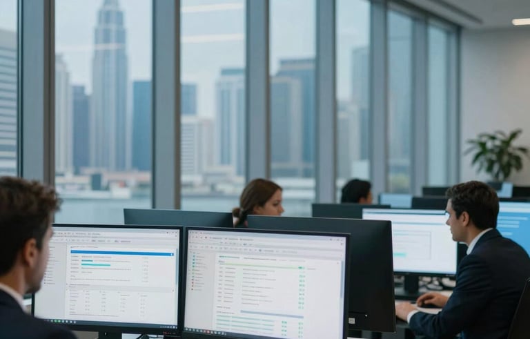 A professional business setting in a modern Dubai office tower with floor to ceiling windows, high-tech computer monitors displaying clean data analytics and search engine optimization dashboards, cinematic lighting with royal blue and white tones, North American / European / Middle Eastern professional atmosphere.