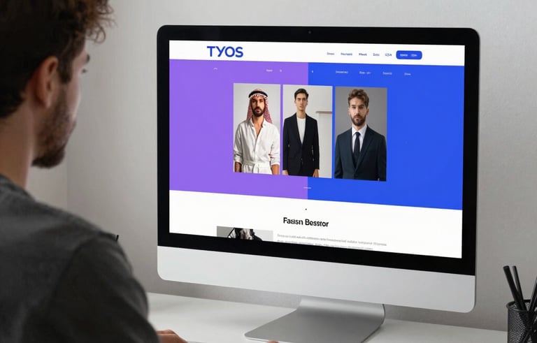 A minimalist creative studio in London with a designer working on a high-end workstation, displaying a sleek lilac and royal blue website interface, soft professional lighting, North American / European / Middle Eastern aesthetic.