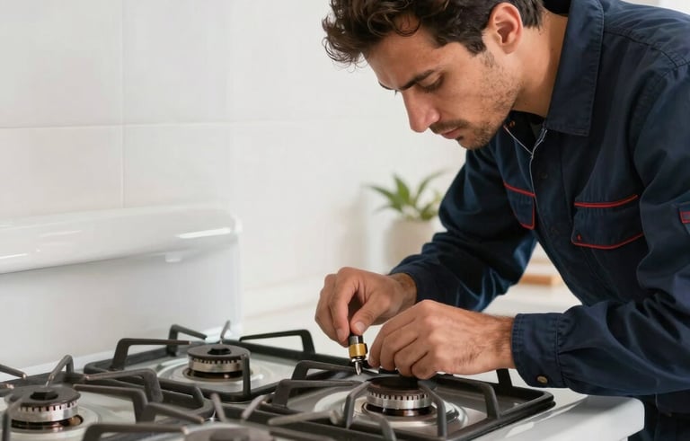 A professional technician repairing a modern gas stove in a Middle Eastern apartment. The lighting is bright, highlighting the organized tools and the technician's expert handling of the appliance. Navy blue and charcoal color scheme.