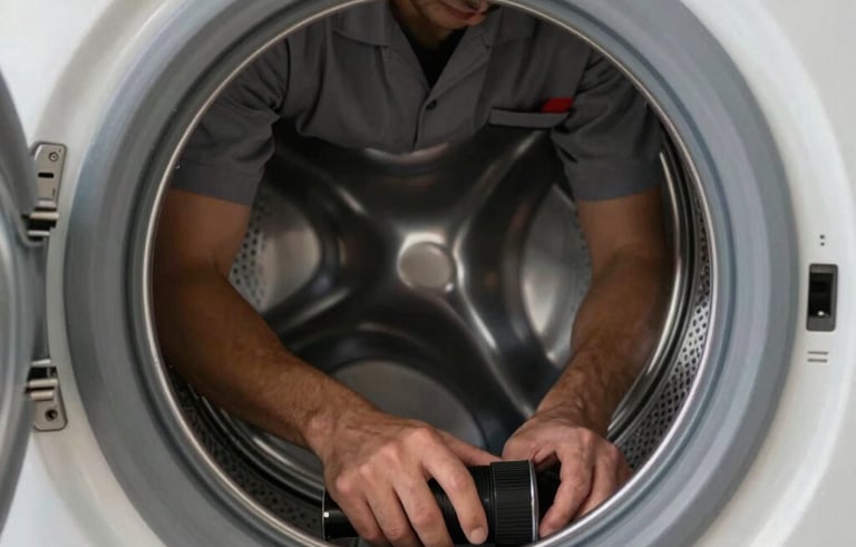 A detailed shot of a washing machine's internal drum being serviced by a professional in a slate gray uniform. The setting is a clean laundry area in a Middle Eastern home, shot with a professional, sharp focus.