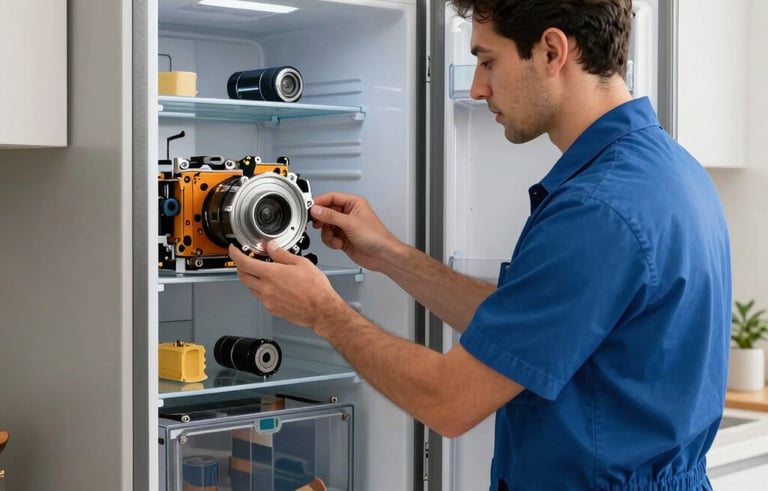 A professional technician in a blue uniform inspecting the internal components of a high-end refrigerator in a modern Middle Eastern kitchen. The scene is bright and clean with slate gray and off-white accents, conveying efficiency and reliability.
