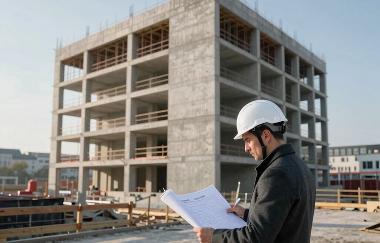 A wide angle shot of a modern construction site in a Central European city. A professional architect in a white hard hat and a charcoal grey coat is inspecting blueprints. In the background, a concrete structure rises against a clear morning sky. The lighting is crisp, and the color palette features shades of off-white and blue-grey.