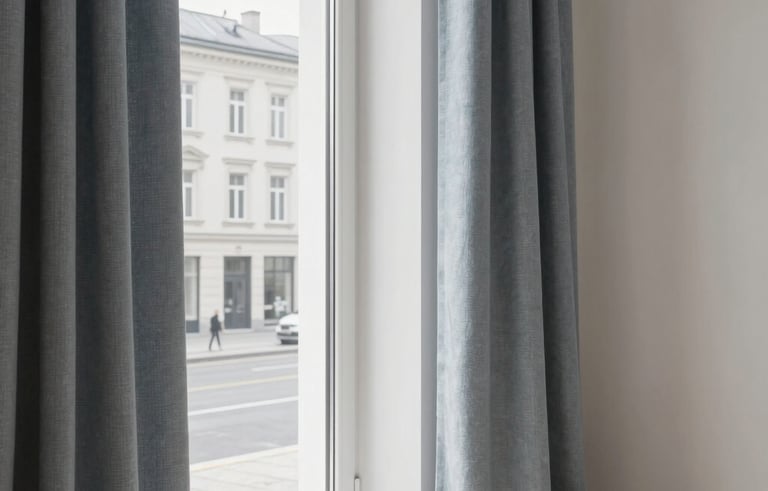 The interior of a bright, minimalist apartment in a Central European style. Through the window, a glimpse of a clean, modern street is visible. The scene is lit by soft daylight, emphasizing textures of greyish blue textiles and off-white walls, suggesting high-quality real estate services.