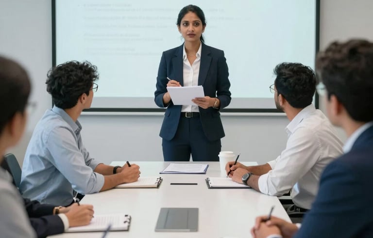 A professional South Asian workshop facilitator leading a corporate training session in a high-tech conference room. Participants are engaged, holding notebooks. Professional, globally-minded atmosphere with clean slate blue and white colors.
