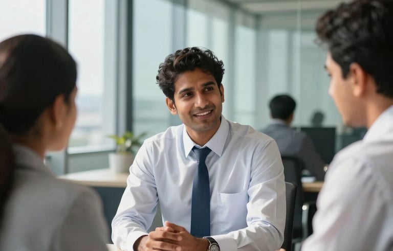 A professional South Asian recruiter in a modern glass office in Mumbai, interviewing a candidate. The scene is bright with natural sunlight, featuring professional attire, a clean steel blue and white color palette, and a focus on human connection and trust.