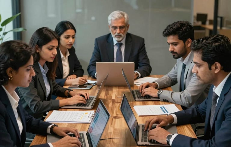 A group of South Asian corporate professionals collaborating around a large wooden table in a sophisticated Bangalore office. They are looking at laptop screens and documents, emphasizing strategic HR consulting and teamwork. Soft lighting, slate and navy tones.
