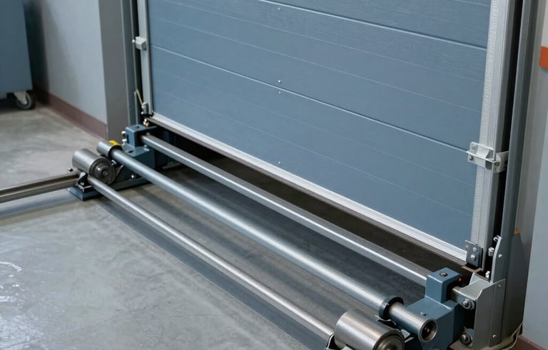 A high-angle photo showing a technician lubricating the metal tracks and rollers of a large commercial garage door. Clean, modern North American industrial setting, slate blue and soft grey tones.