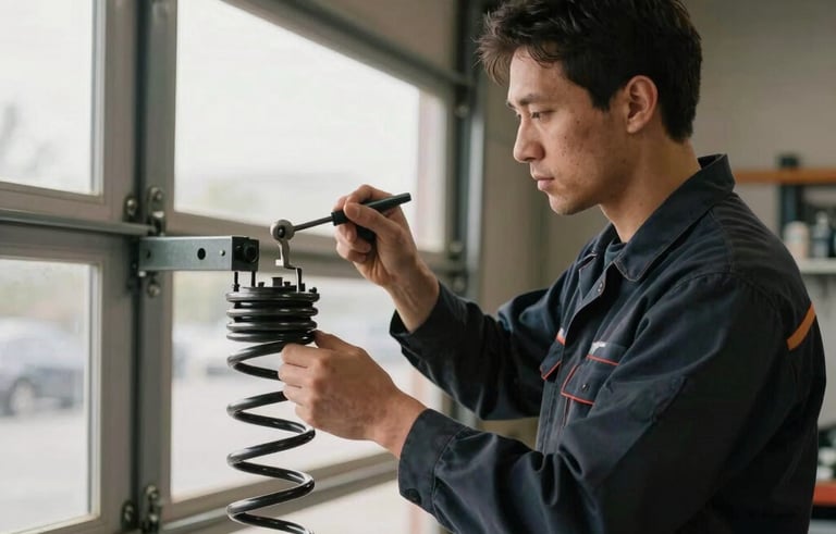 A professional technician in a dark navy uniform repairing a heavy-duty garage door spring in a North American workshop. Dramatic side lighting, sharp focus on the tools and hardware, conveying reliability.