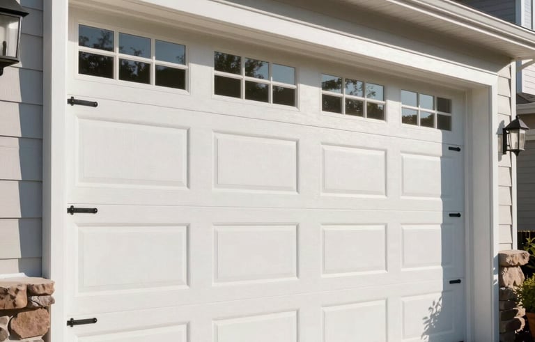 A close-up photograph of a modern, clean white sectional garage door being professionally installed on a North American suburban home. Bright morning sunlight, high-quality steel materials, focused on precision and craftsmanship.