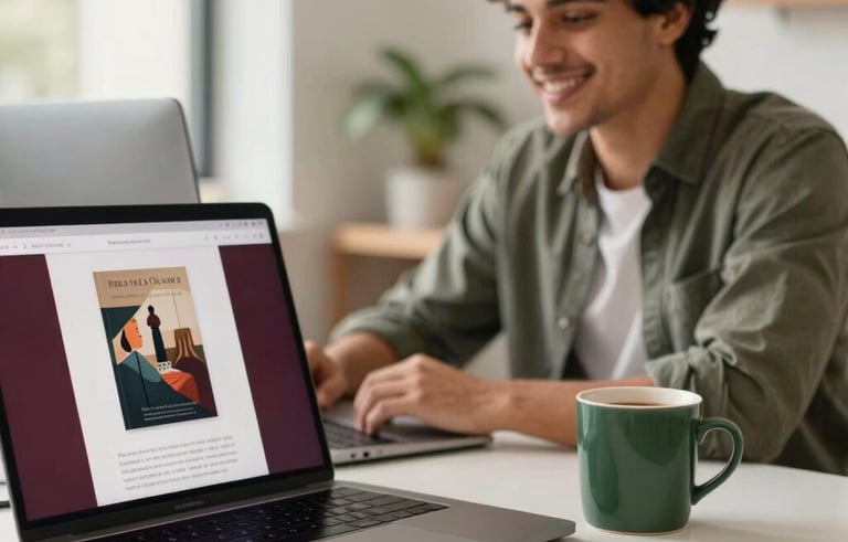 A high-quality lifestyle photograph of a professional workstation in a bright, modern office with global elements. A clean desk with a laptop displaying a beautifully designed e-book cover, a warm ceramic mug in forest green, and hints of deep carmine red decor. In the background, a young adult from a Global / Brazilian and International context is smiling, looking at the screen, feeling successful and satisfied. Soft natural lighting, warm and sophisticated atmosphere.