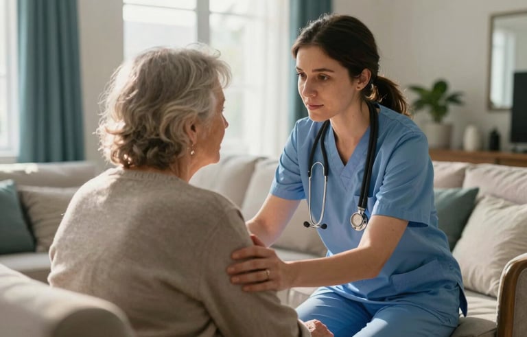 A compassionate female caregiver in professional attire provides gentle support to an elderly individual in a sunlit, comfortable North American living room, focusing on a warm and trustworthy interaction. Soft natural lighting, off-white and dark teal interior accents.