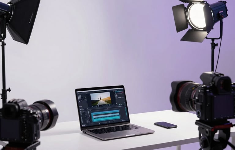 A high-end creative studio setup with professional lighting and cameras. A minimalist desk with a sleek laptop showing video editing software. Clean white and light purple atmosphere, Global / International style.