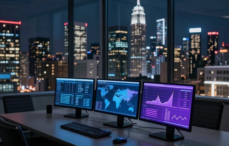 A dark, sophisticated office boardroom overlooking a modern global city skyline at night. Professional environment, glowing monitors with data charts in dark blue and purple. Minimalist, premium, Global / International.