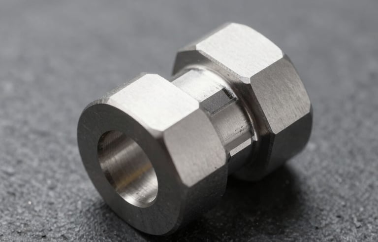 A sharp, high-angle macro photograph of a precision-cut silver steel component on a dark grey stone surface. Soft, professional studio lighting highlights the metallic texture and clean edges. The composition is minimalist and high-end, reflecting an international English-speaking industrial quality.