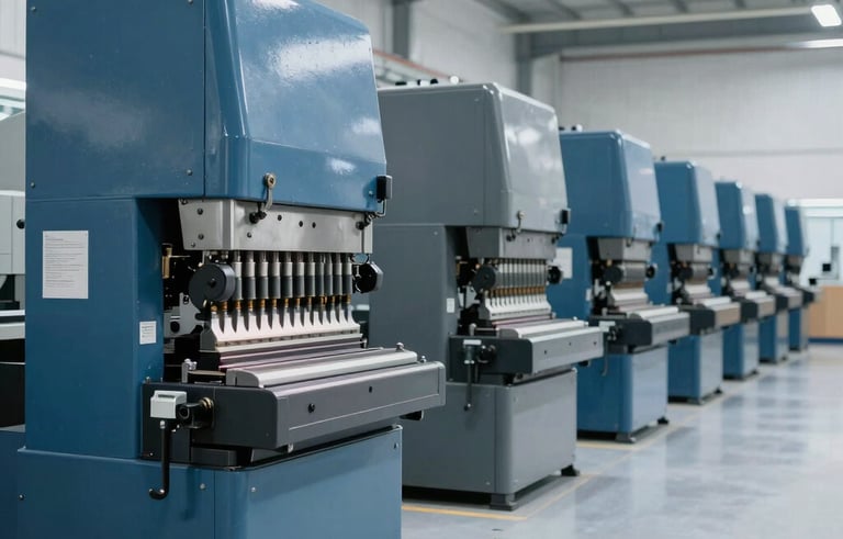 A wide-angle, low-saturation photograph of a row of heavy-duty industrial stamping presses in a bright, clean, modern factory. The floor is light grey and the machines are steel blue and dark grey. Global industrial atmosphere, clear and sophisticated.